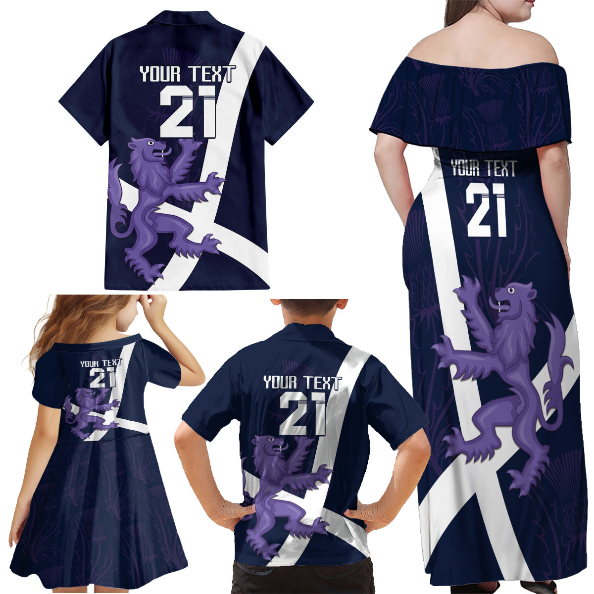 Custom Scotland Rugby Family Matching Off Shoulder Maxi Dress and Hawaiian Shirt Scottish Lion and Thistle LT9 - Wonder Print Shop
