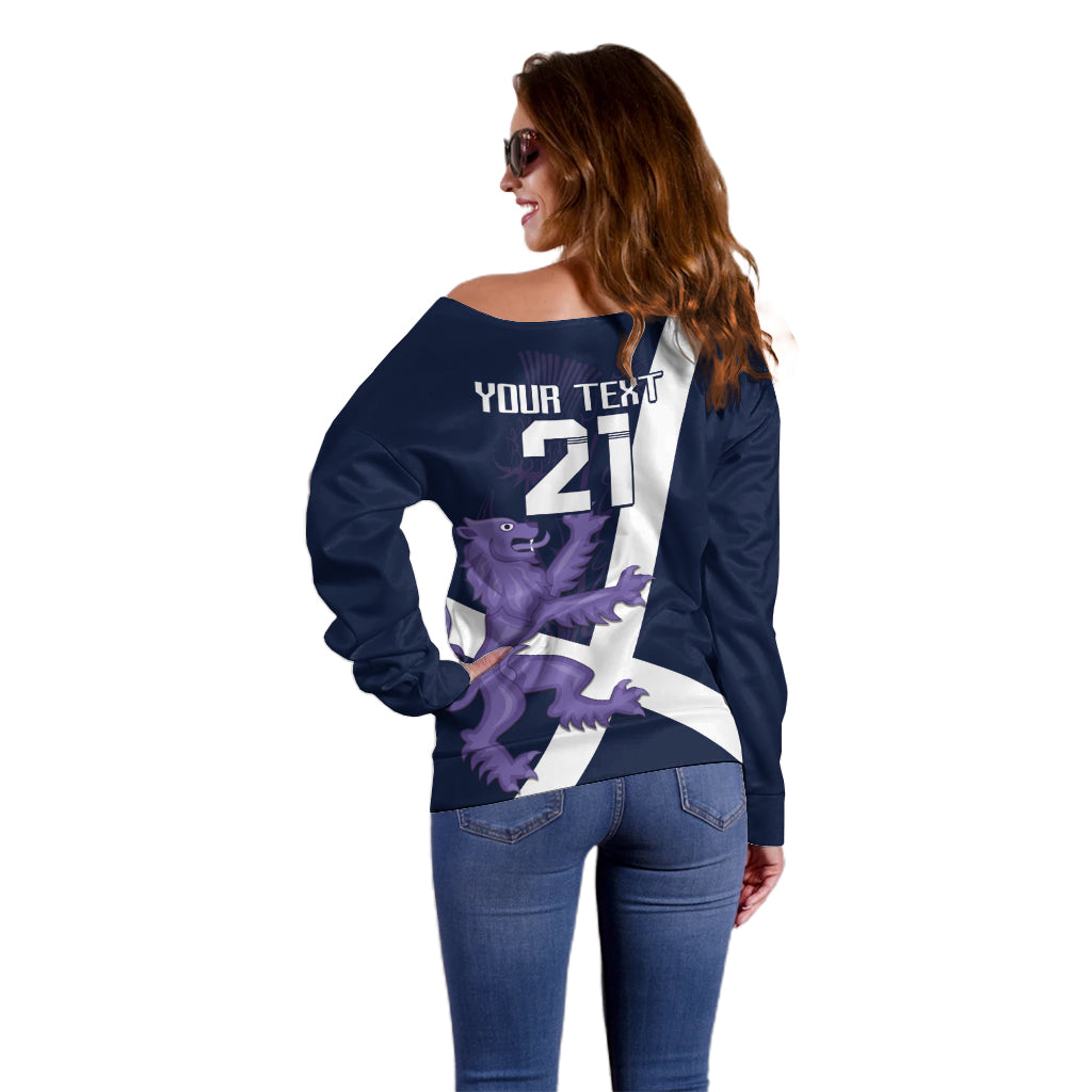 Custom Scotland Rugby Off Shoulder Sweater Scottish Lion and Thistle - Wonder Print Shop