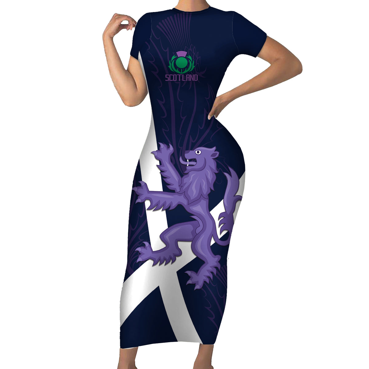 Custom Scotland Rugby Short Sleeve Bodycon Dress Scottish Lion and Thistle - Wonder Print Shop