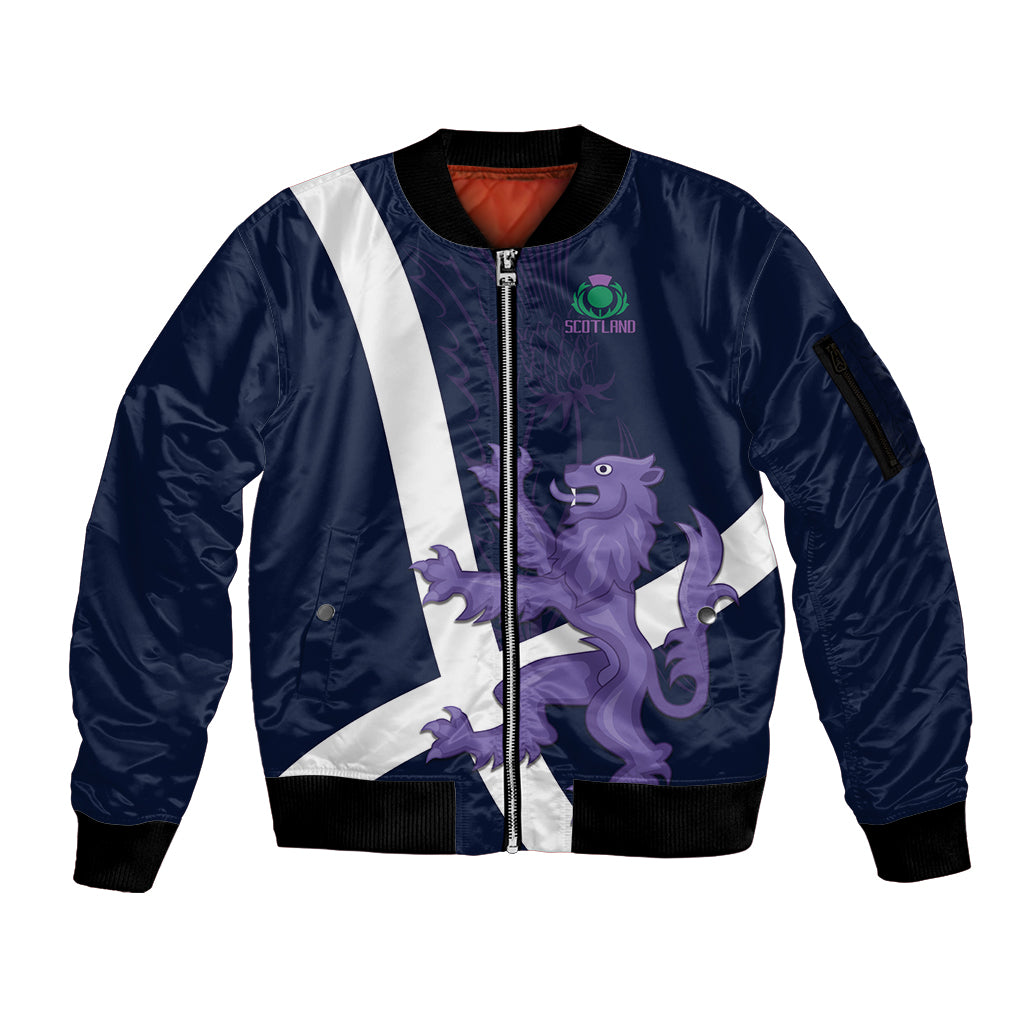 Custom Scotland Rugby Sleeve Zip Bomber Jacket Scottish Lion and Thistle - Wonder Print Shop