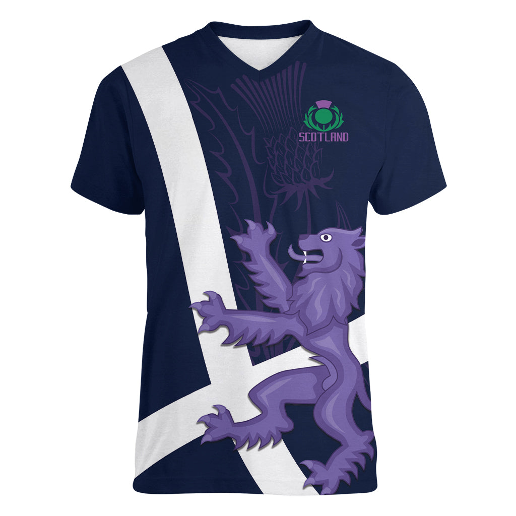 Custom Scotland Rugby Women V Neck T Shirt Scottish Lion and Thistle - Wonder Print Shop