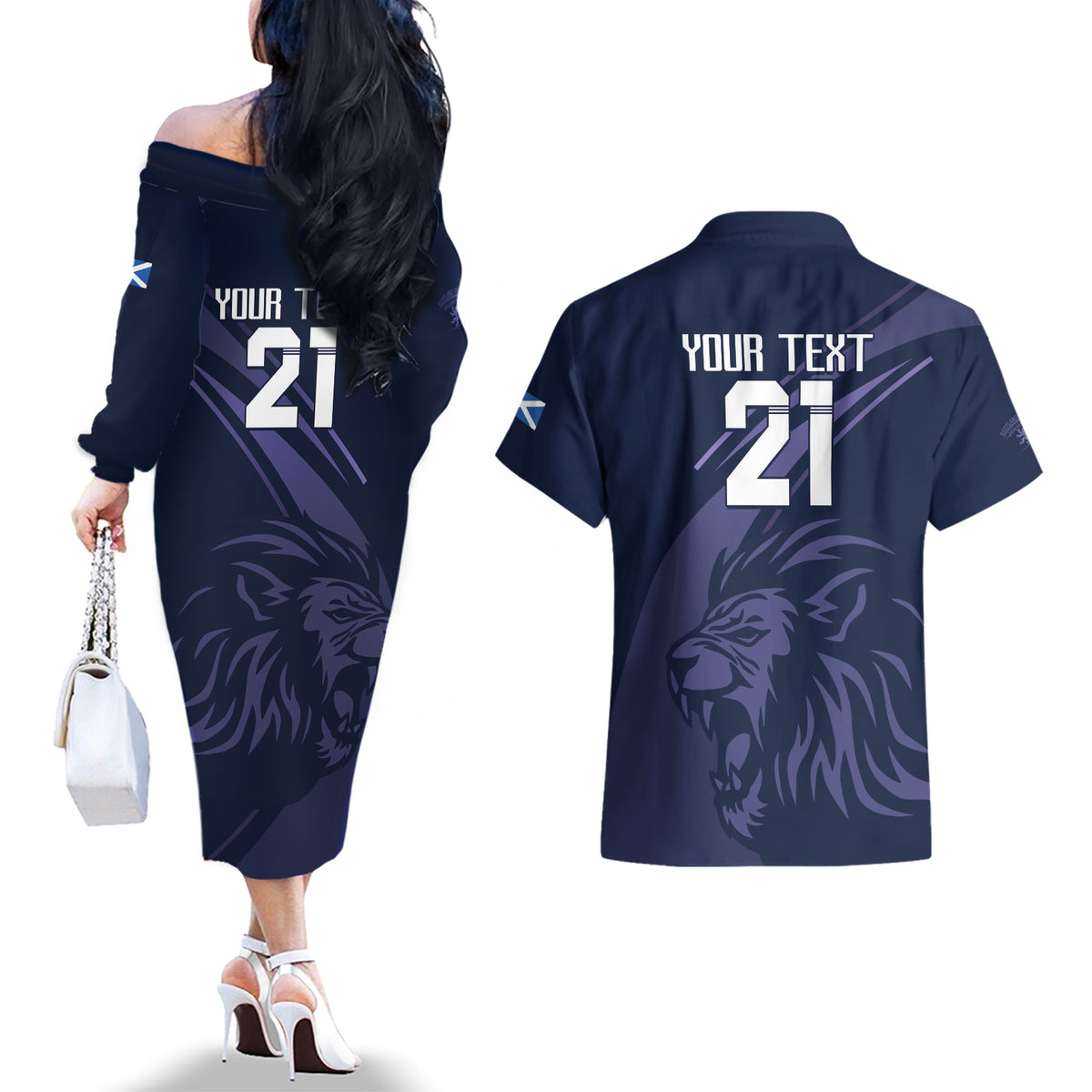 Custom Scotland Rugby Couples Matching Off The Shoulder Long Sleeve Dress and Hawaiian Shirt Scottish Lion Sporty Style LT9 - Wonder Print Shop