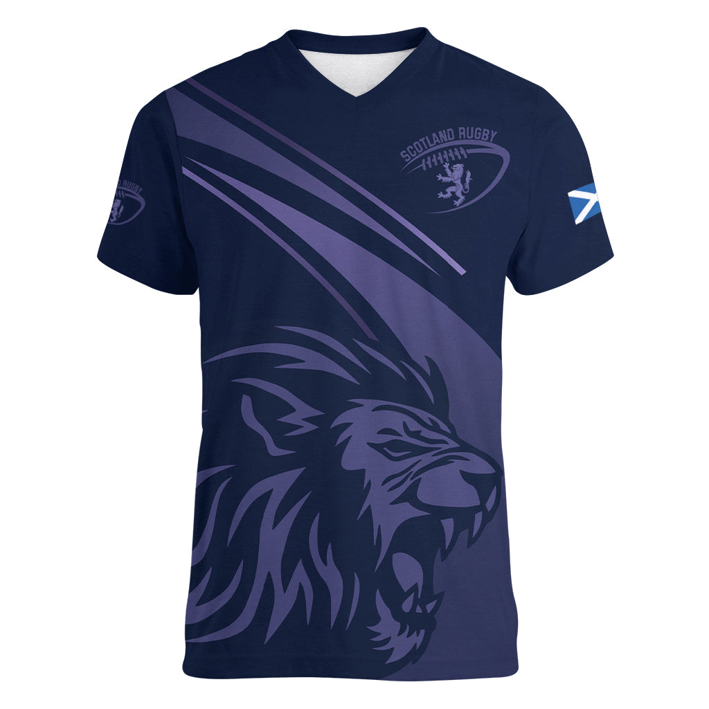 Custom Scotland Rugby Women V Neck T Shirt Scottish Lion Sporty Style - Wonder Print Shop