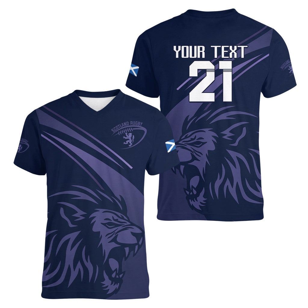 Custom Scotland Rugby Women V Neck T Shirt Scottish Lion Sporty Style - Wonder Print Shop