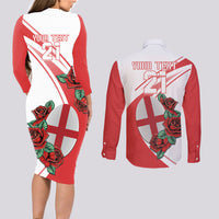 Custom England Rugby Couples Matching Long Sleeve Bodycon Dress and Long Sleeve Button Shirt Red Rose Sporty Style LT9 - Wonder Print Shop