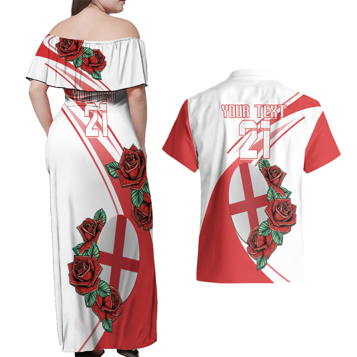 Custom England Rugby Couples Matching Off Shoulder Maxi Dress and Hawaiian Shirt Red Rose Sporty Style LT9 - Wonder Print Shop