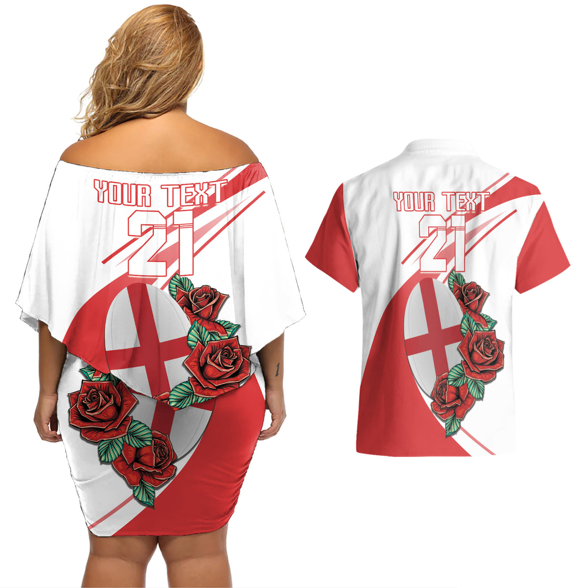 Custom England Rugby Couples Matching Off Shoulder Short Dress and Hawaiian Shirt Red Rose Sporty Style LT9 - Wonder Print Shop