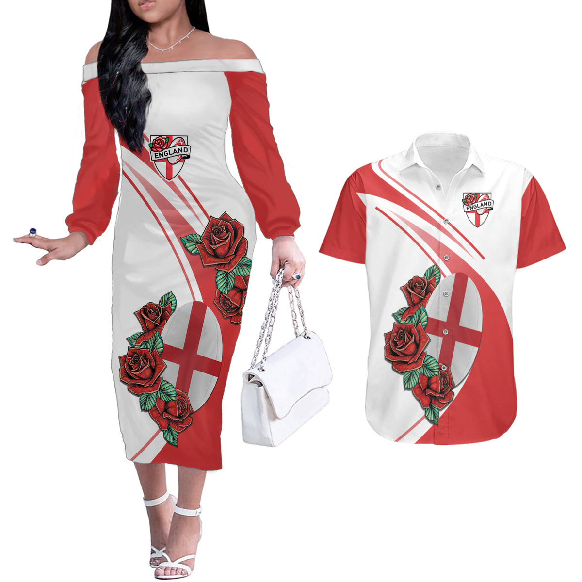 Custom England Rugby Couples Matching Off The Shoulder Long Sleeve Dress and Hawaiian Shirt Red Rose Sporty Style LT9 - Wonder Print Shop