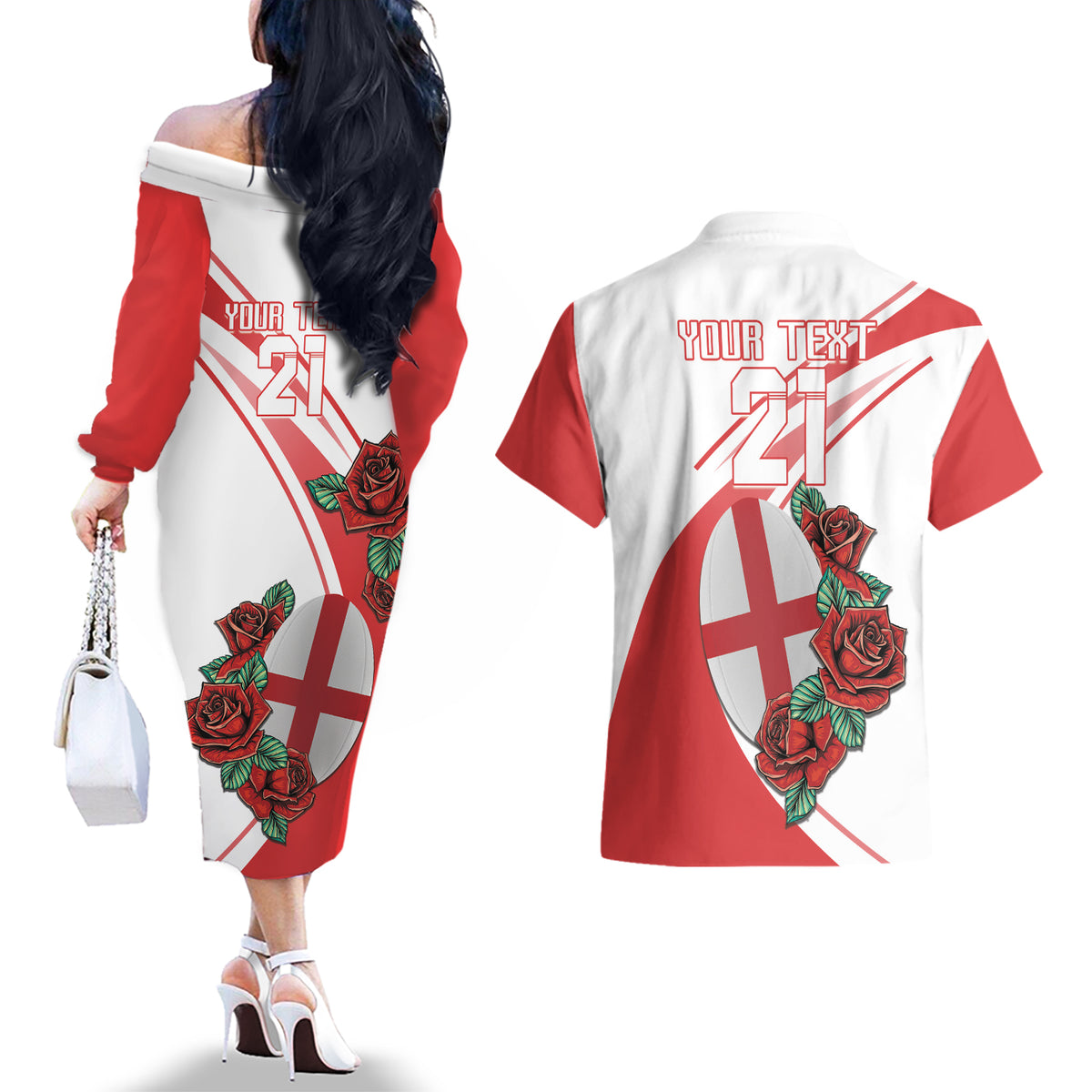 Custom England Rugby Couples Matching Off The Shoulder Long Sleeve Dress and Hawaiian Shirt Red Rose Sporty Style LT9 - Wonder Print Shop