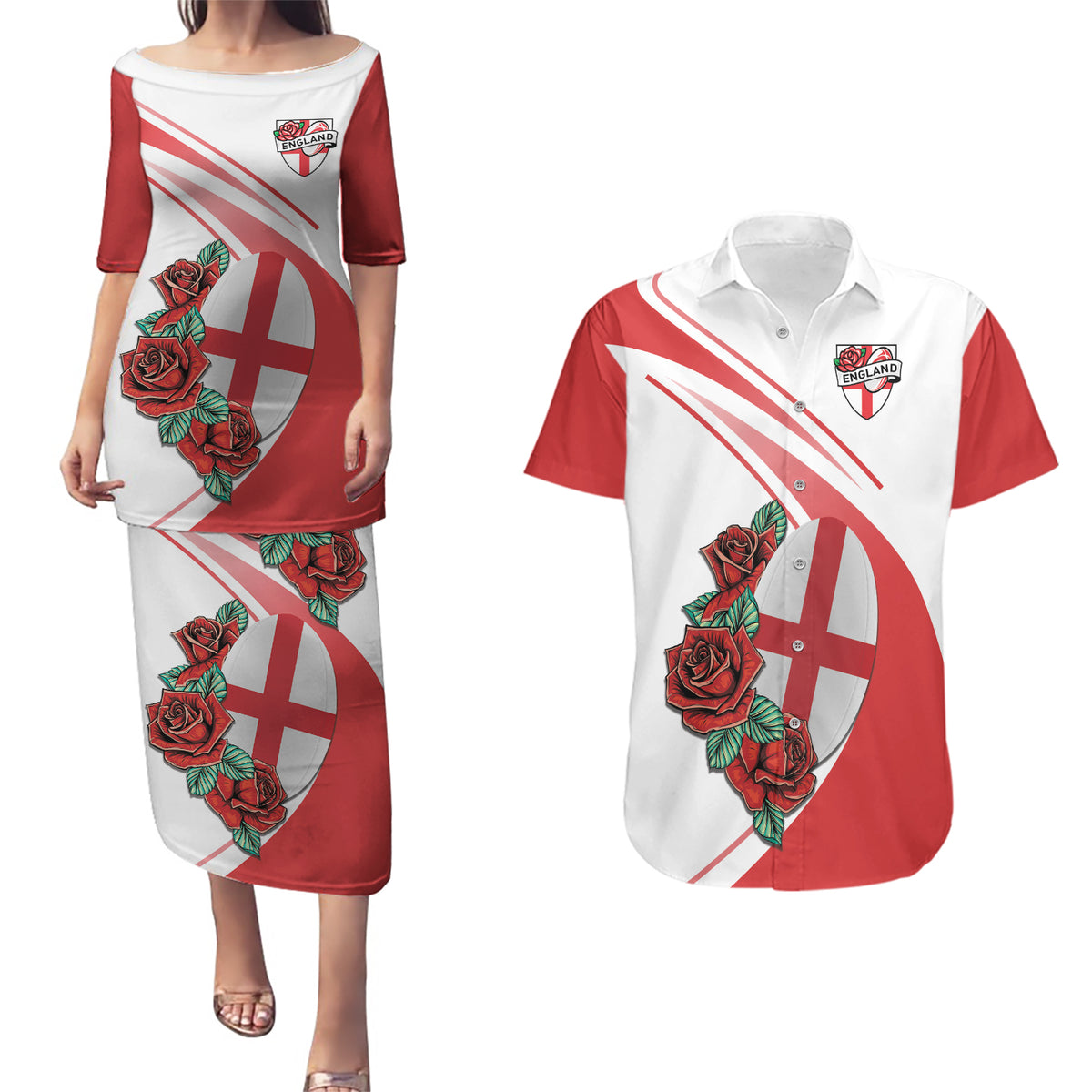 Custom England Rugby Couples Matching Puletasi and Hawaiian Shirt Red Rose Sporty Style LT9 - Wonder Print Shop