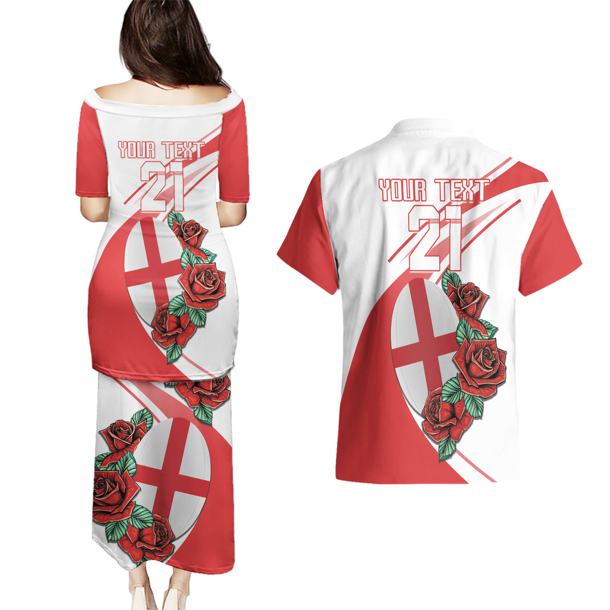 Custom England Rugby Couples Matching Puletasi and Hawaiian Shirt Red Rose Sporty Style LT9 - Wonder Print Shop