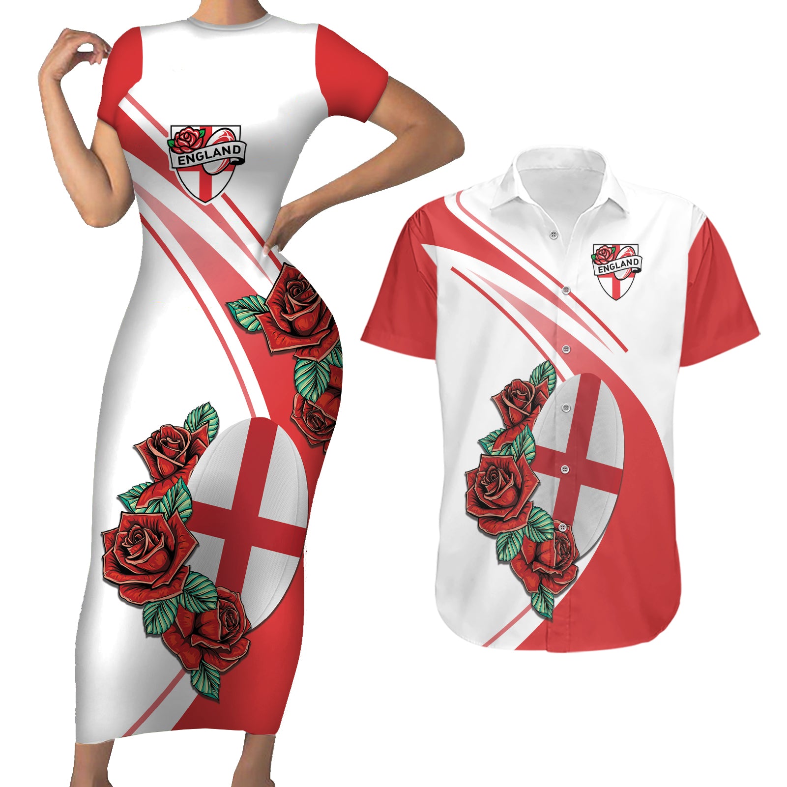 Custom England Rugby Couples Matching Short Sleeve Bodycon Dress and Hawaiian Shirt Red Rose Sporty Style LT9 - Wonder Print Shop
