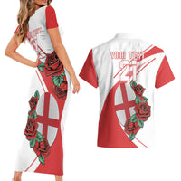 Custom England Rugby Couples Matching Short Sleeve Bodycon Dress and Hawaiian Shirt Red Rose Sporty Style LT9 - Wonder Print Shop