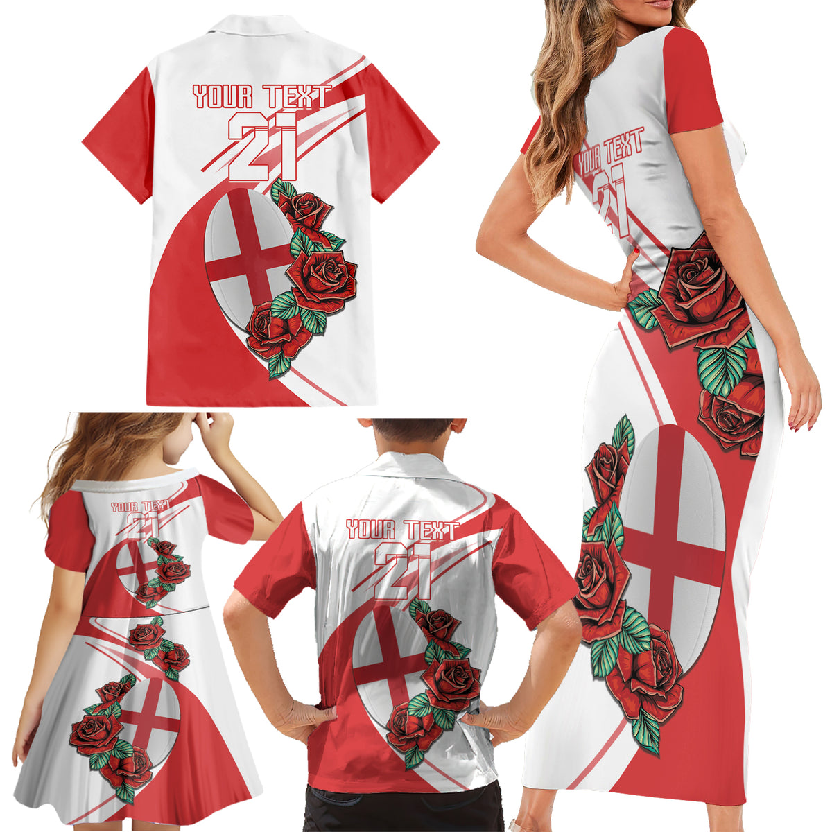 Custom England Rugby Family Matching Short Sleeve Bodycon Dress and Hawaiian Shirt Red Rose Sporty Style - Wonder Print Shop
