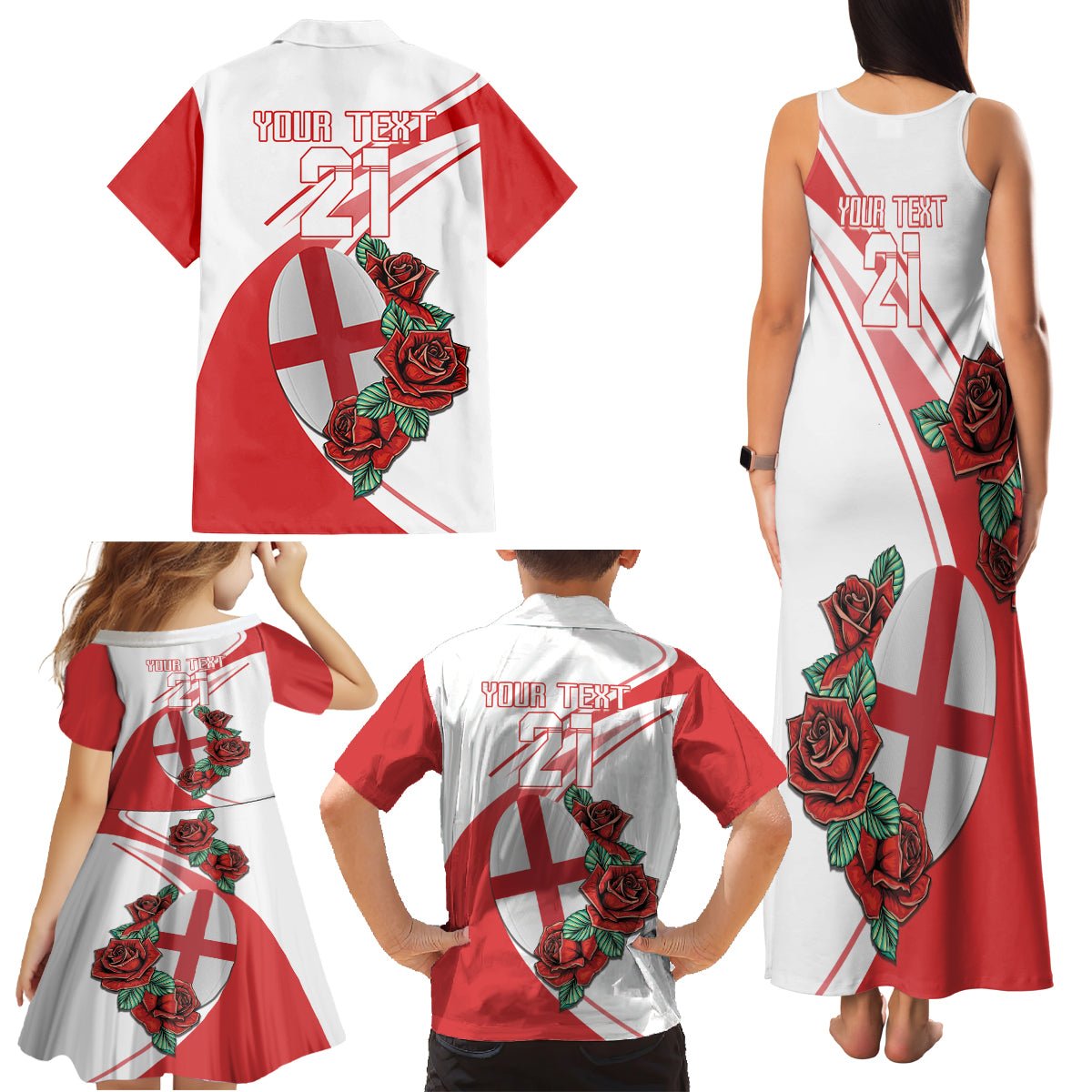 Custom England Rugby Family Matching Tank Maxi Dress and Hawaiian Shirt Red Rose Sporty Style - Wonder Print Shop