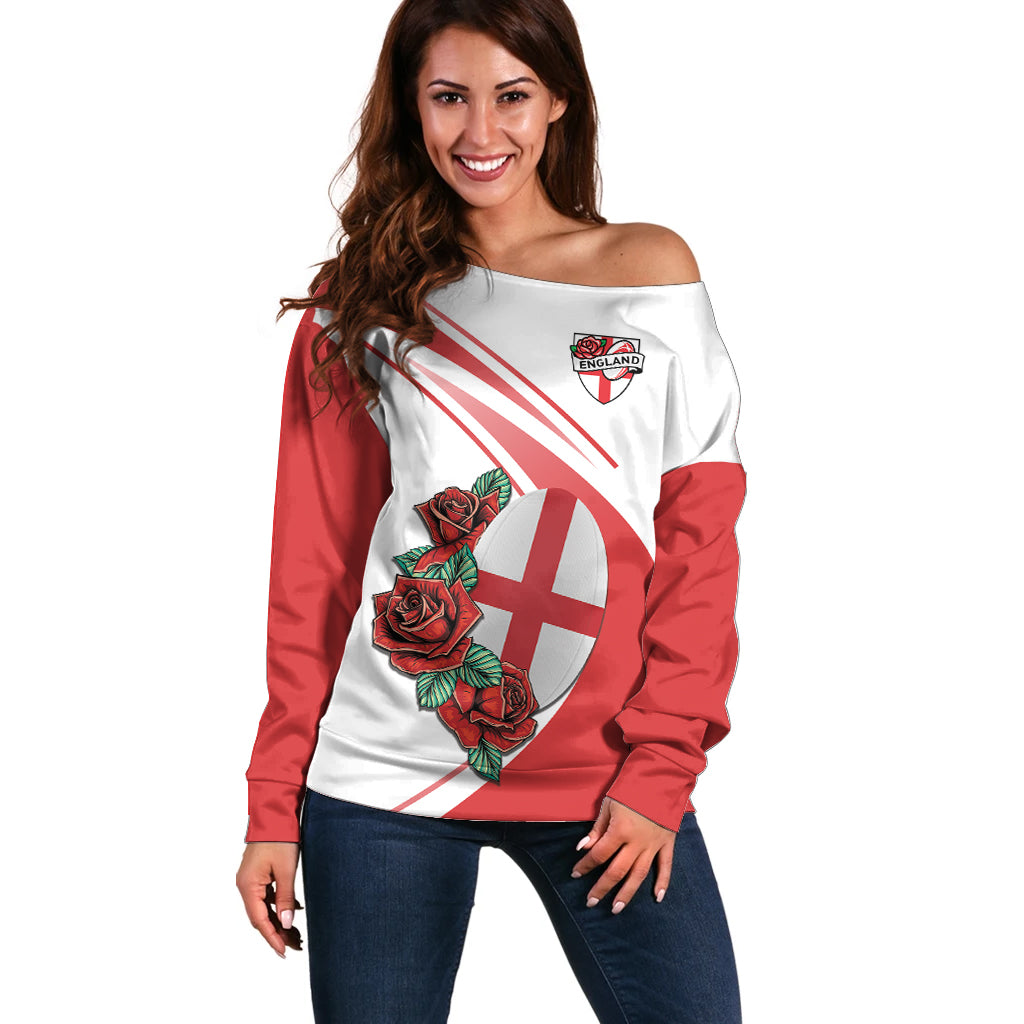Custom England Rugby Off Shoulder Sweater Red Rose Sporty Style - Wonder Print Shop