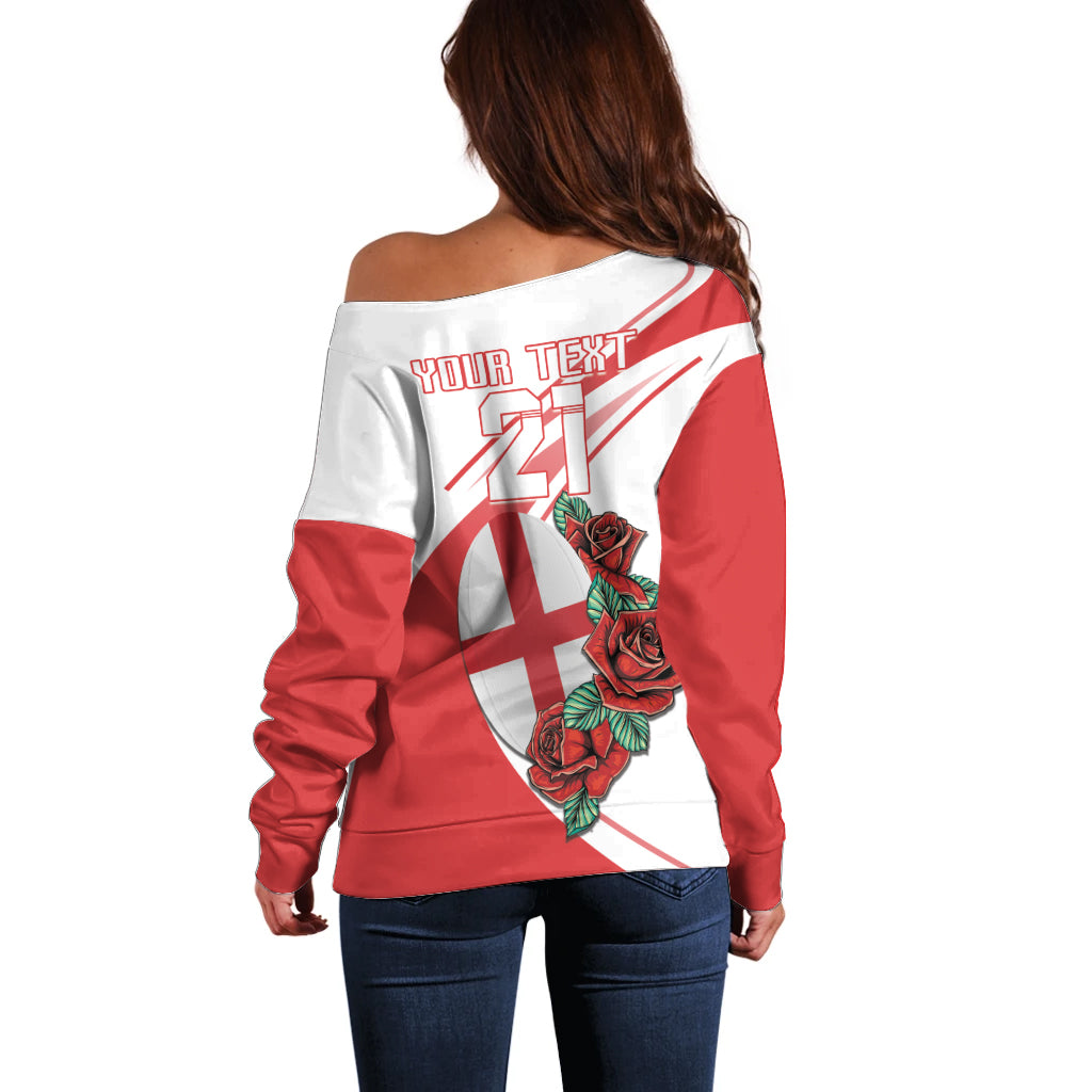 Custom England Rugby Off Shoulder Sweater Red Rose Sporty Style - Wonder Print Shop