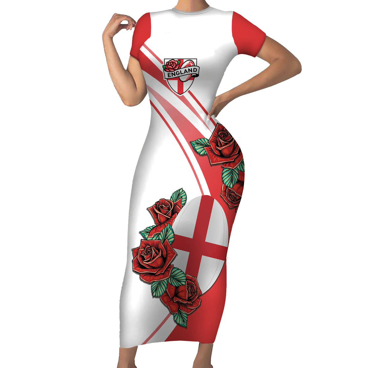 Custom England Rugby Short Sleeve Bodycon Dress Red Rose Sporty Style - Wonder Print Shop