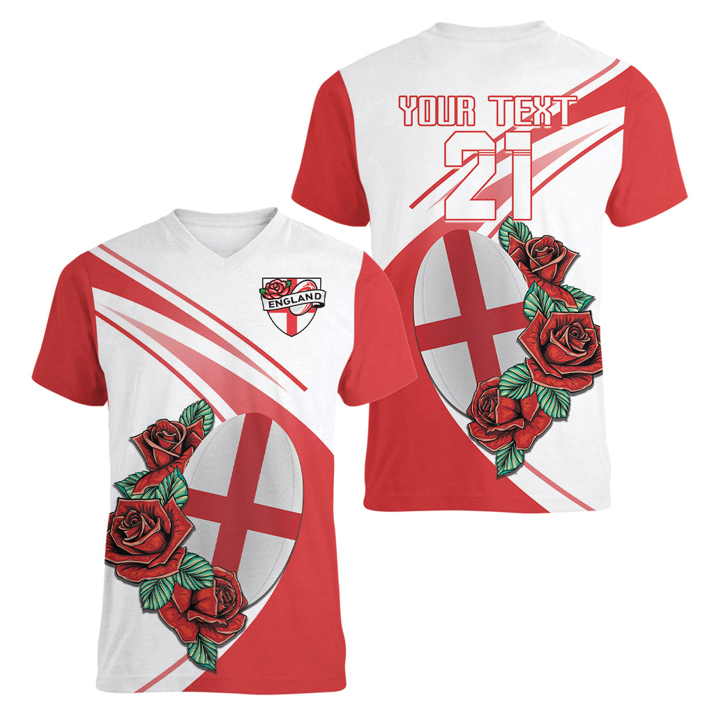 Custom England Rugby Women V Neck T Shirt Red Rose Sporty Style - Wonder Print Shop