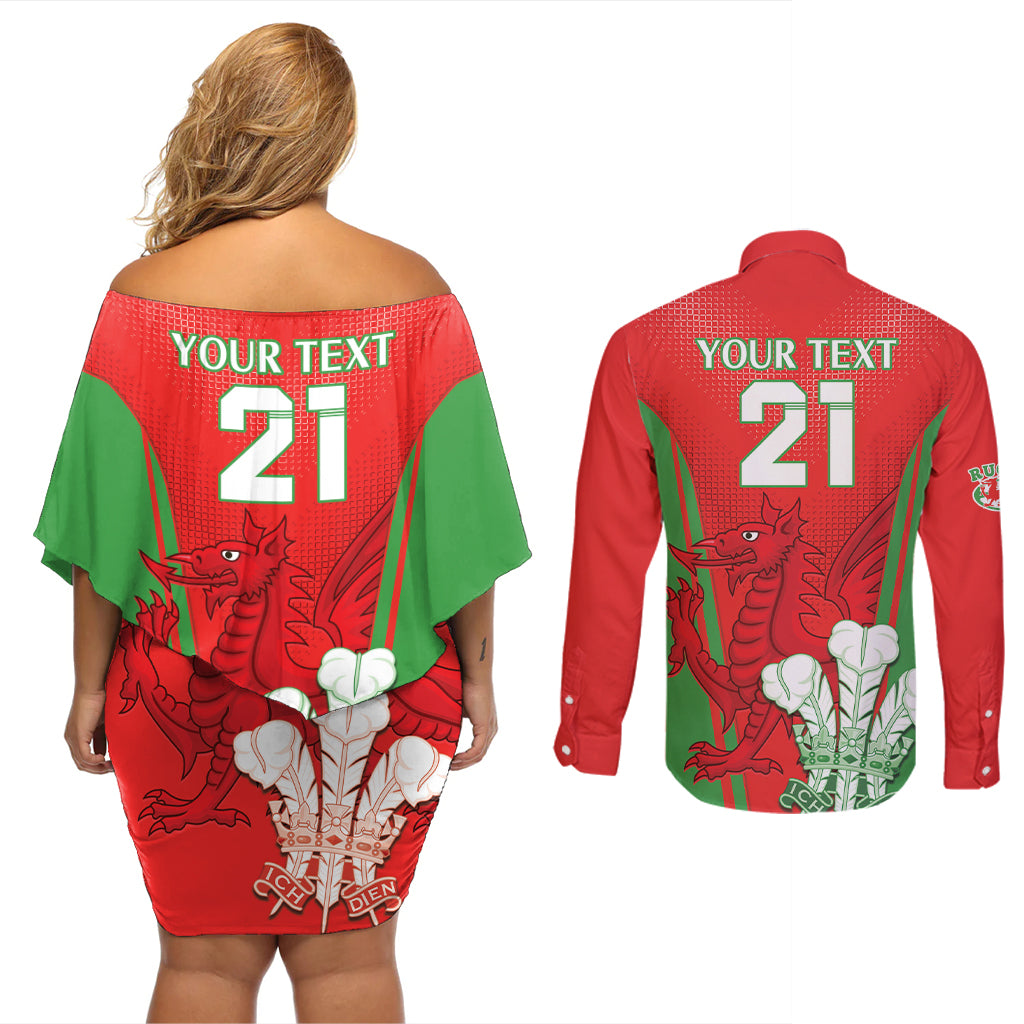 Custom Wales Rugby Couples Matching Off Shoulder Short Dress and Long Sleeve Button Shirt With Prince of Waless Feathers Go Cymru LT9 - Wonder Print Shop