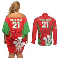 Custom Wales Rugby Couples Matching Off Shoulder Short Dress and Long Sleeve Button Shirt With Prince of Waless Feathers Go Cymru LT9 - Wonder Print Shop