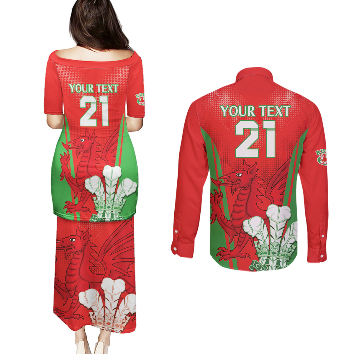 Custom Wales Rugby Couples Matching Puletasi and Long Sleeve Button Shirt With Prince of Waless Feathers Go Cymru LT9 - Wonder Print Shop