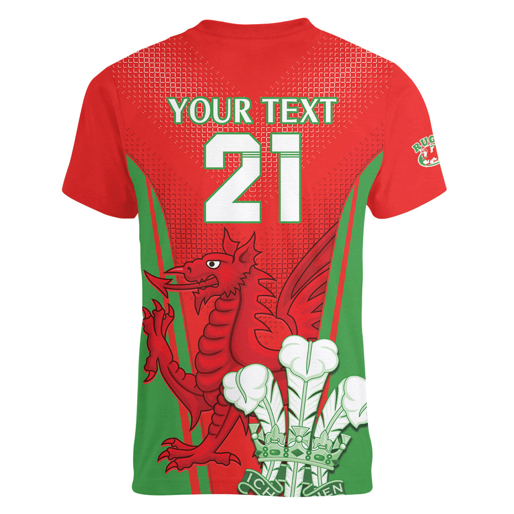 Custom Wales Rugby Women V Neck T Shirt With Prince of Waless Feathers Go Cymru - Wonder Print Shop