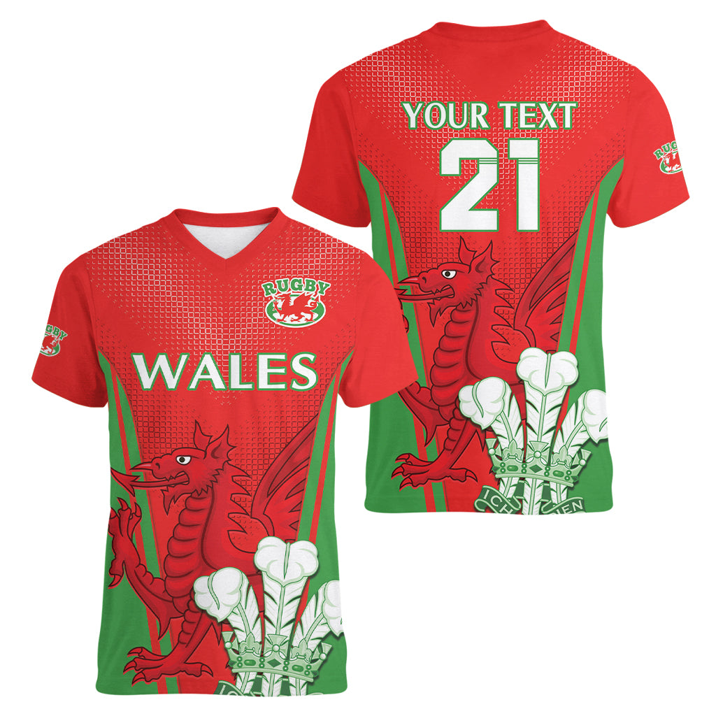 Custom Wales Rugby Women V Neck T Shirt With Prince of Waless Feathers Go Cymru - Wonder Print Shop