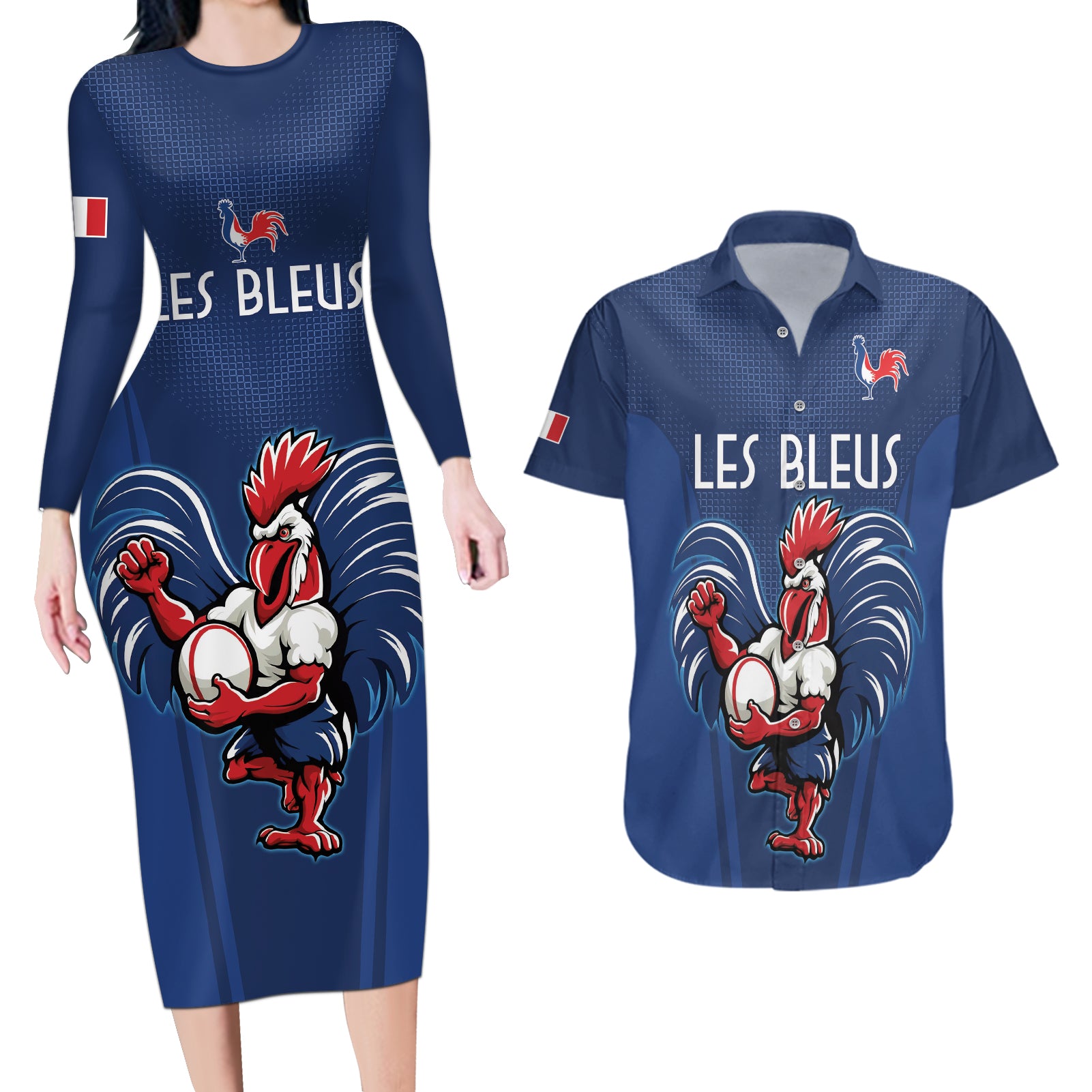Custom France Rugby Couples Matching Long Sleeve Bodycon Dress and Hawaiian Shirt Le XV de France Gallic Rooster