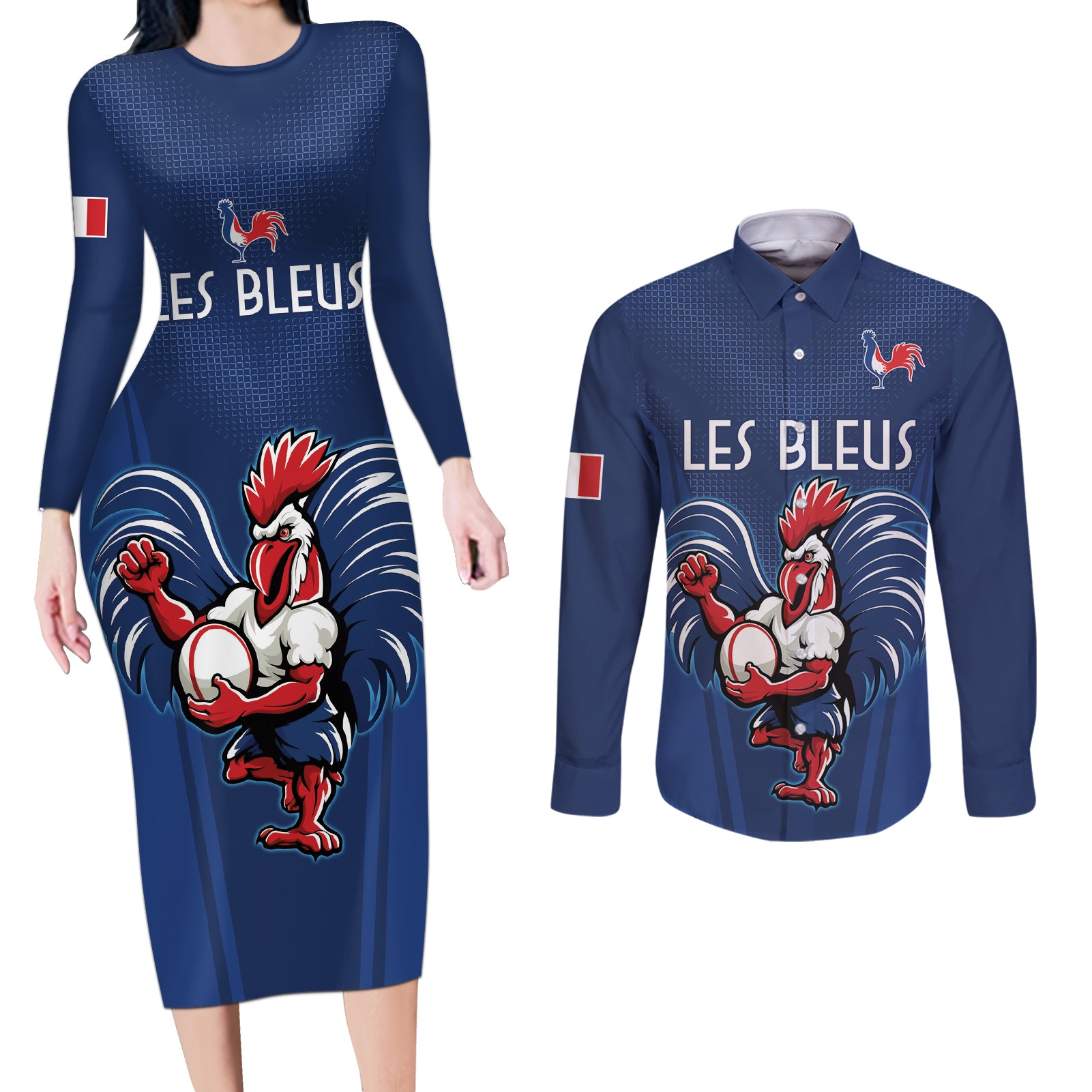 Custom France Rugby Couples Matching Long Sleeve Bodycon Dress and Long Sleeve Button Shirt Le XV de France Gallic Rooster