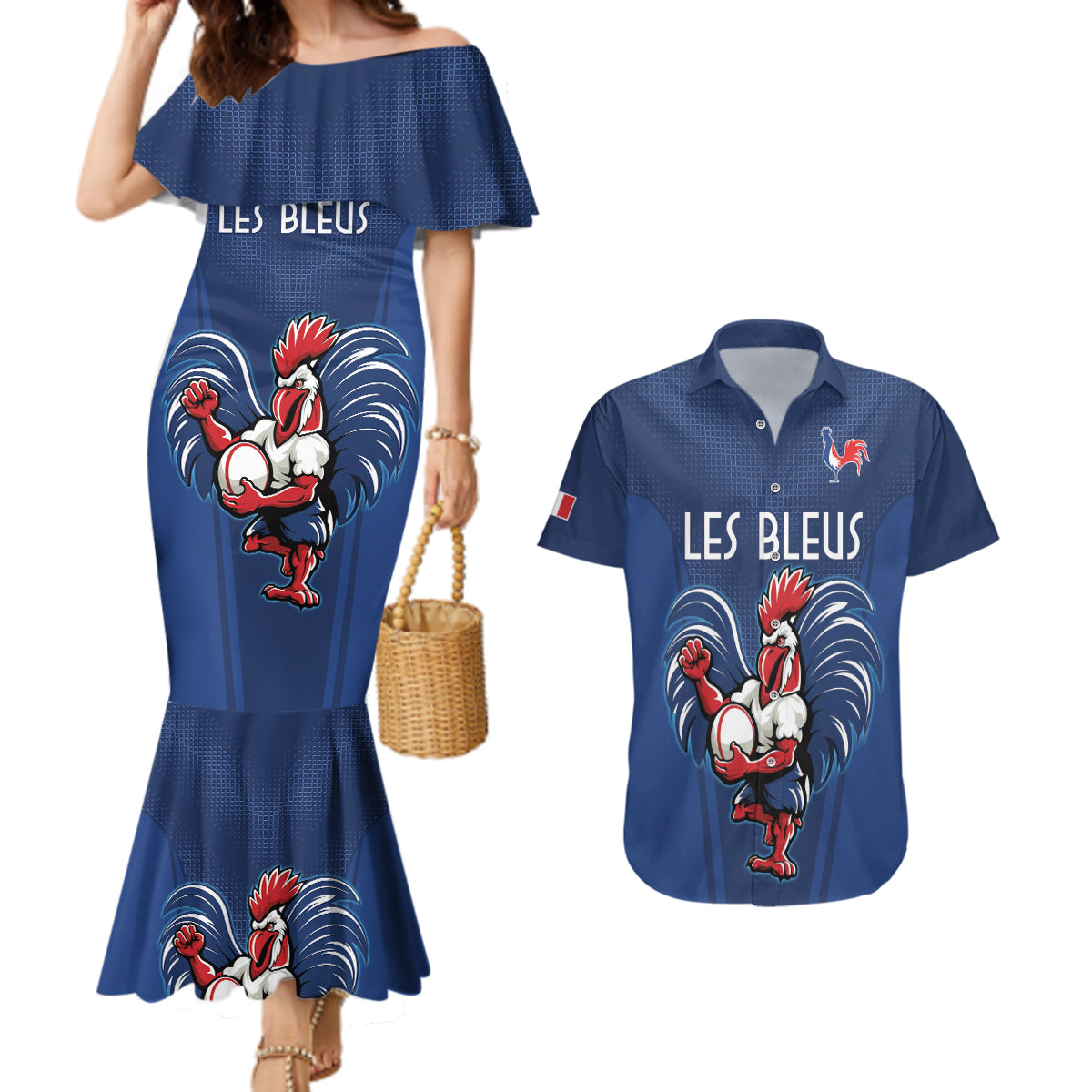 Custom France Rugby Couples Matching Mermaid Dress and Hawaiian Shirt Le XV de France Gallic Rooster