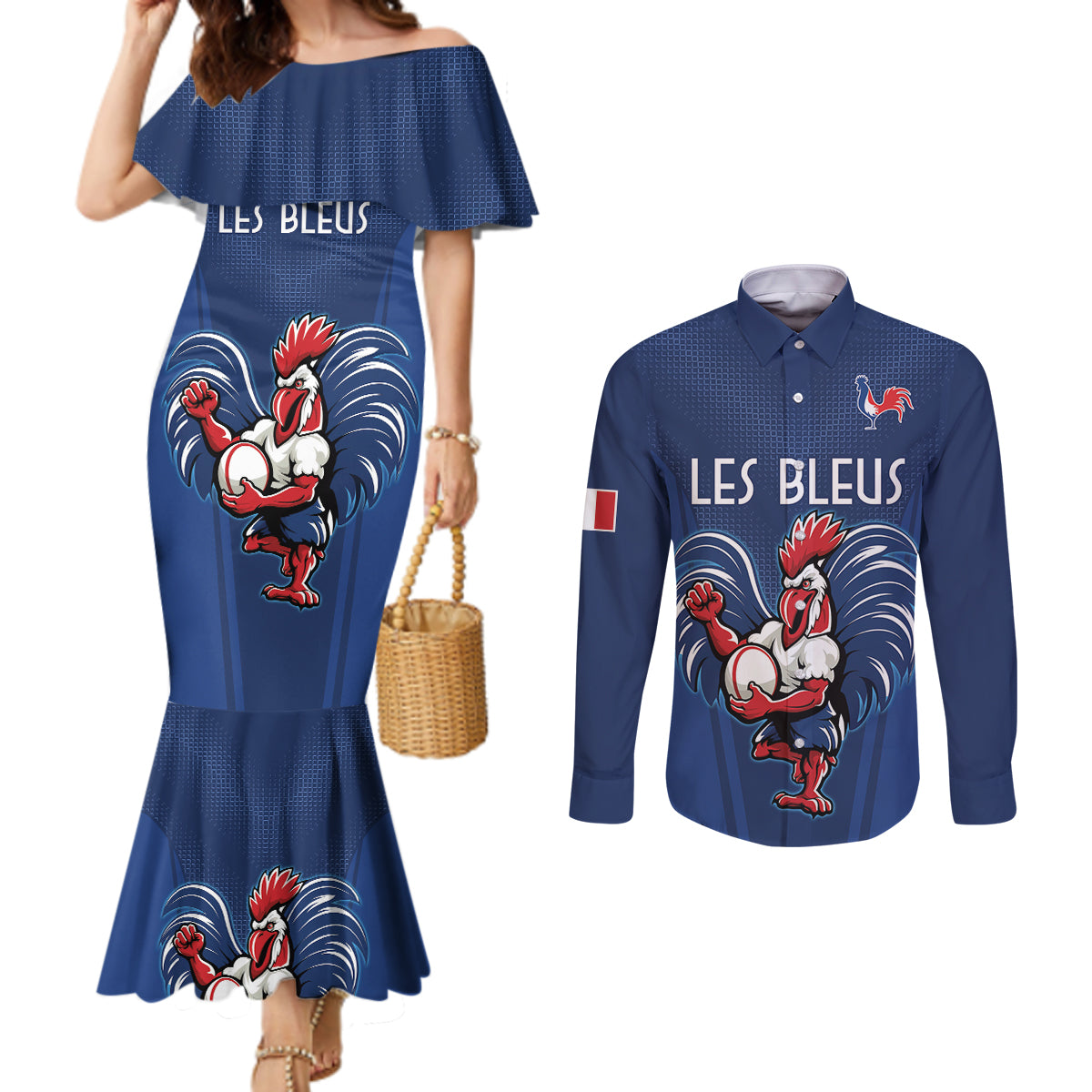 Custom France Rugby Couples Matching Mermaid Dress and Long Sleeve Button Shirt Le XV de France Gallic Rooster