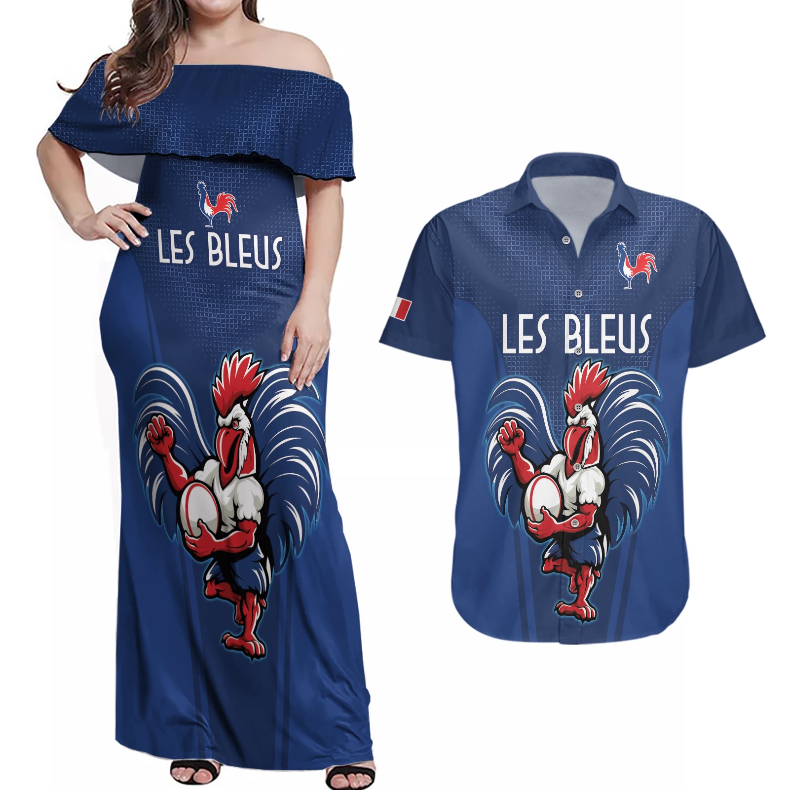 Custom France Rugby Couples Matching Off Shoulder Maxi Dress and Hawaiian Shirt Le XV de France Gallic Rooster