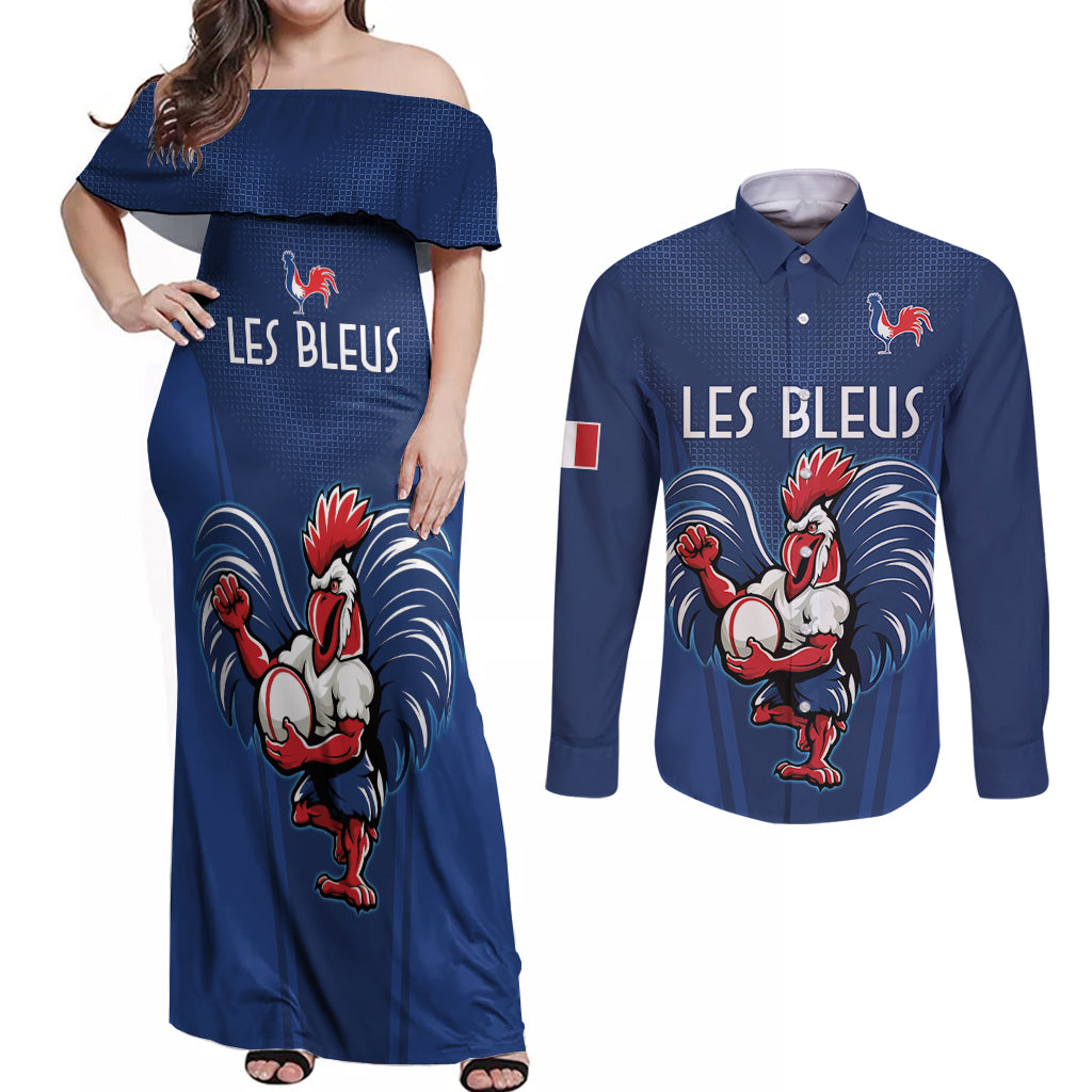 Custom France Rugby Couples Matching Off Shoulder Maxi Dress and Long Sleeve Button Shirt Le XV de France Gallic Rooster