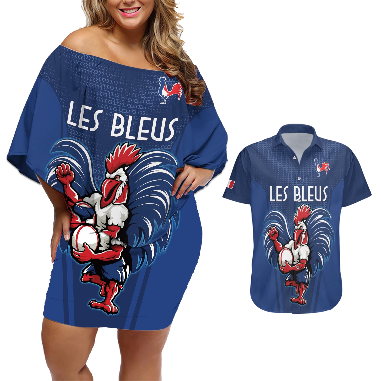Custom France Rugby Couples Matching Off Shoulder Short Dress and Hawaiian Shirt Le XV de France Gallic Rooster