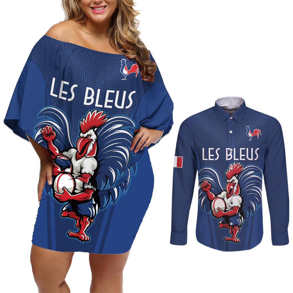 Custom France Rugby Couples Matching Off Shoulder Short Dress and Long Sleeve Button Shirt Le XV de France Gallic Rooster