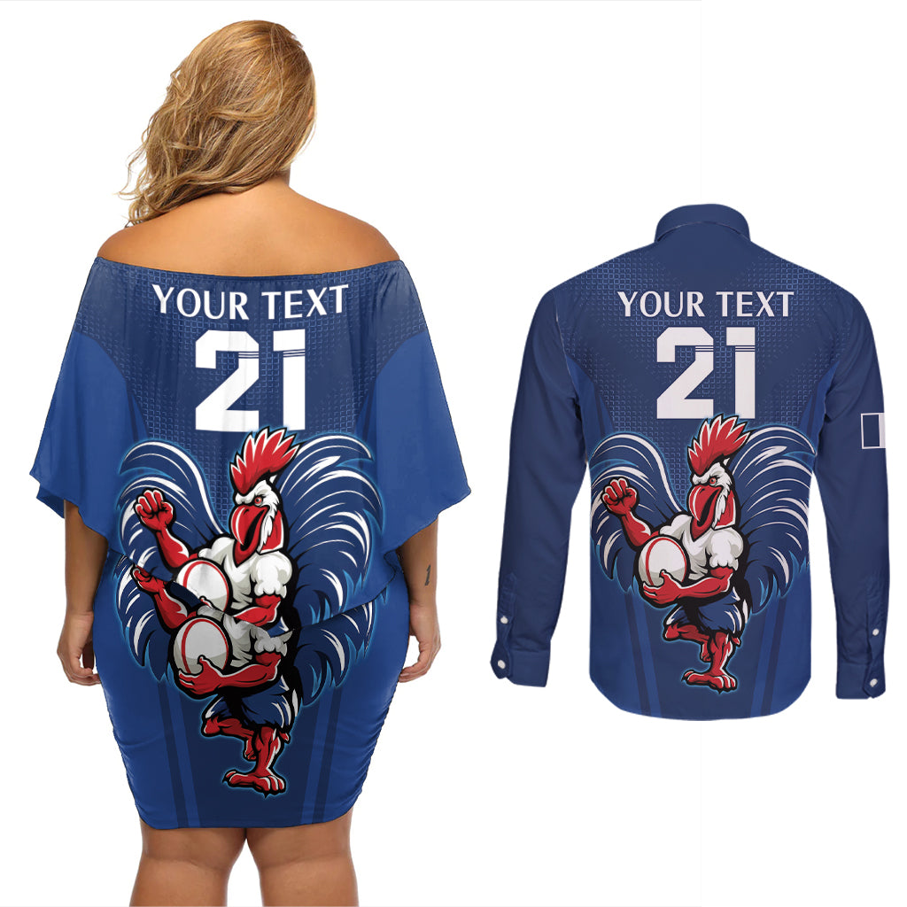 Custom France Rugby Couples Matching Off Shoulder Short Dress and Long Sleeve Button Shirt Le XV de France Gallic Rooster LT9 - Wonder Print Shop