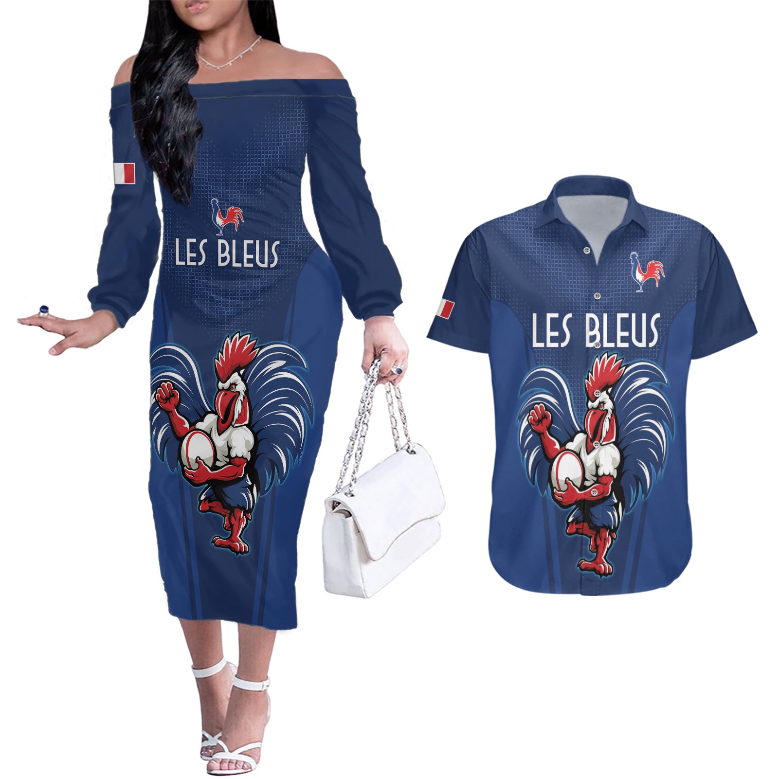 Custom France Rugby Couples Matching Off The Shoulder Long Sleeve Dress and Hawaiian Shirt Le XV de France Gallic Rooster