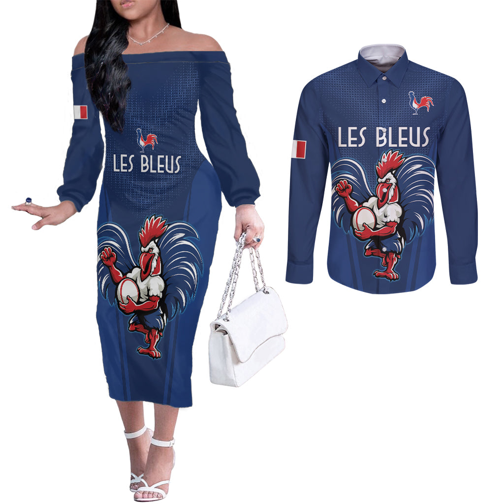 Custom France Rugby Couples Matching Off The Shoulder Long Sleeve Dress and Long Sleeve Button Shirt Le XV de France Gallic Rooster