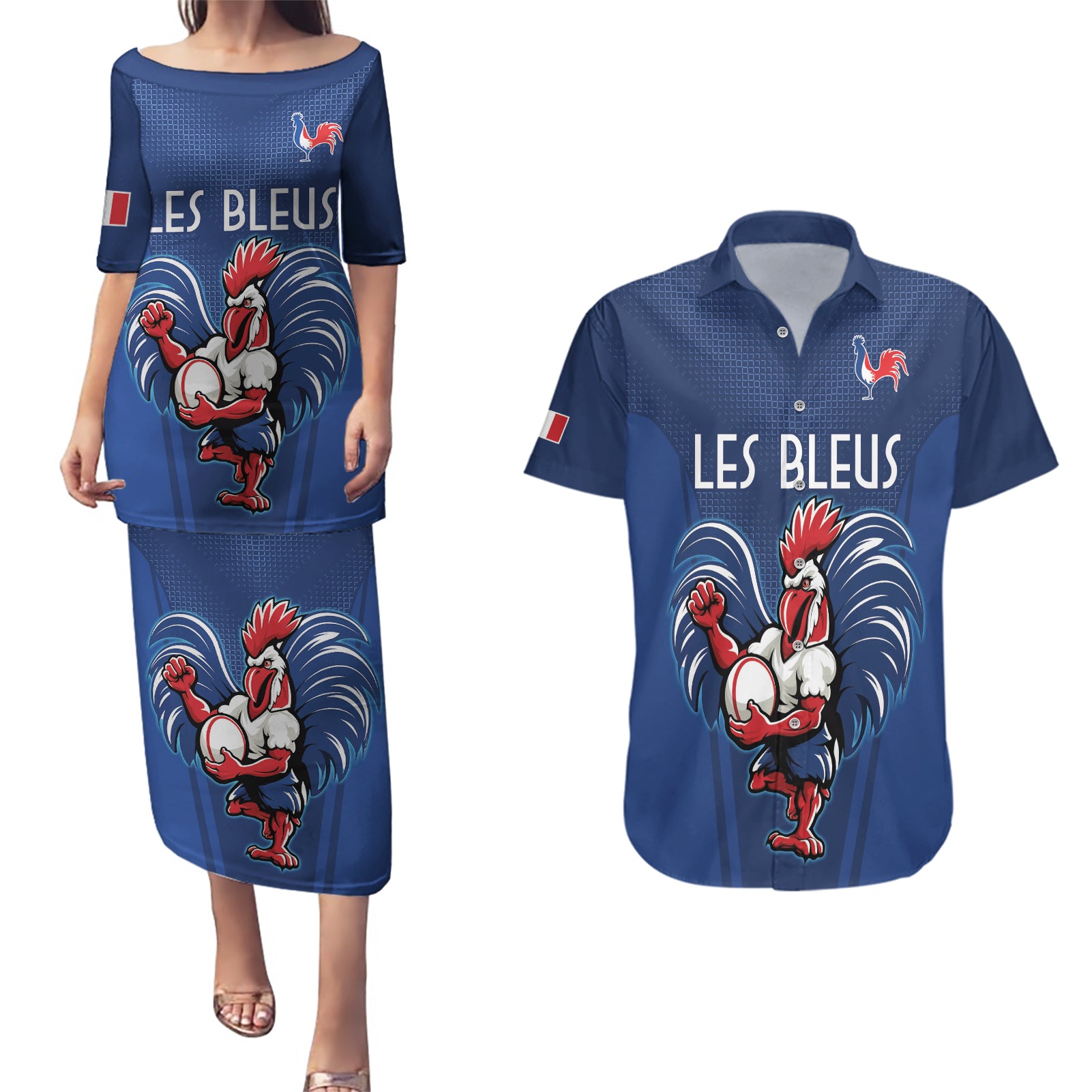 Custom France Rugby Couples Matching Puletasi and Hawaiian Shirt Le XV de France Gallic Rooster
