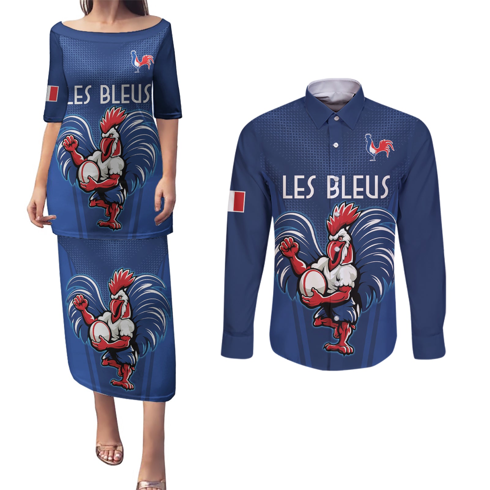 Custom France Rugby Couples Matching Puletasi and Long Sleeve Button Shirt Le XV de France Gallic Rooster