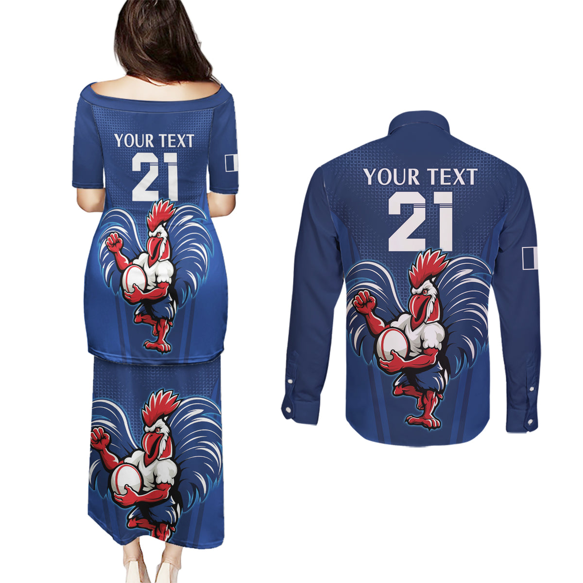 Custom France Rugby Couples Matching Puletasi and Long Sleeve Button Shirt Le XV de France Gallic Rooster LT9 - Wonder Print Shop
