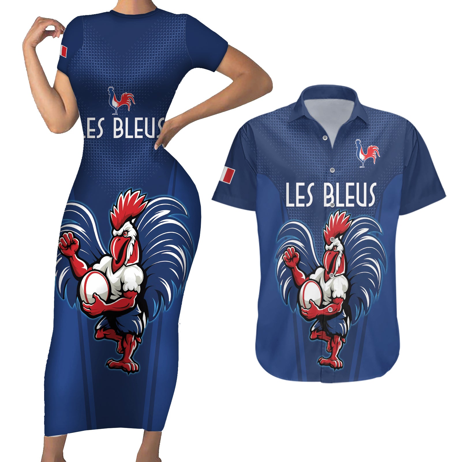 Custom France Rugby Couples Matching Short Sleeve Bodycon Dress and Hawaiian Shirt Le XV de France Gallic Rooster