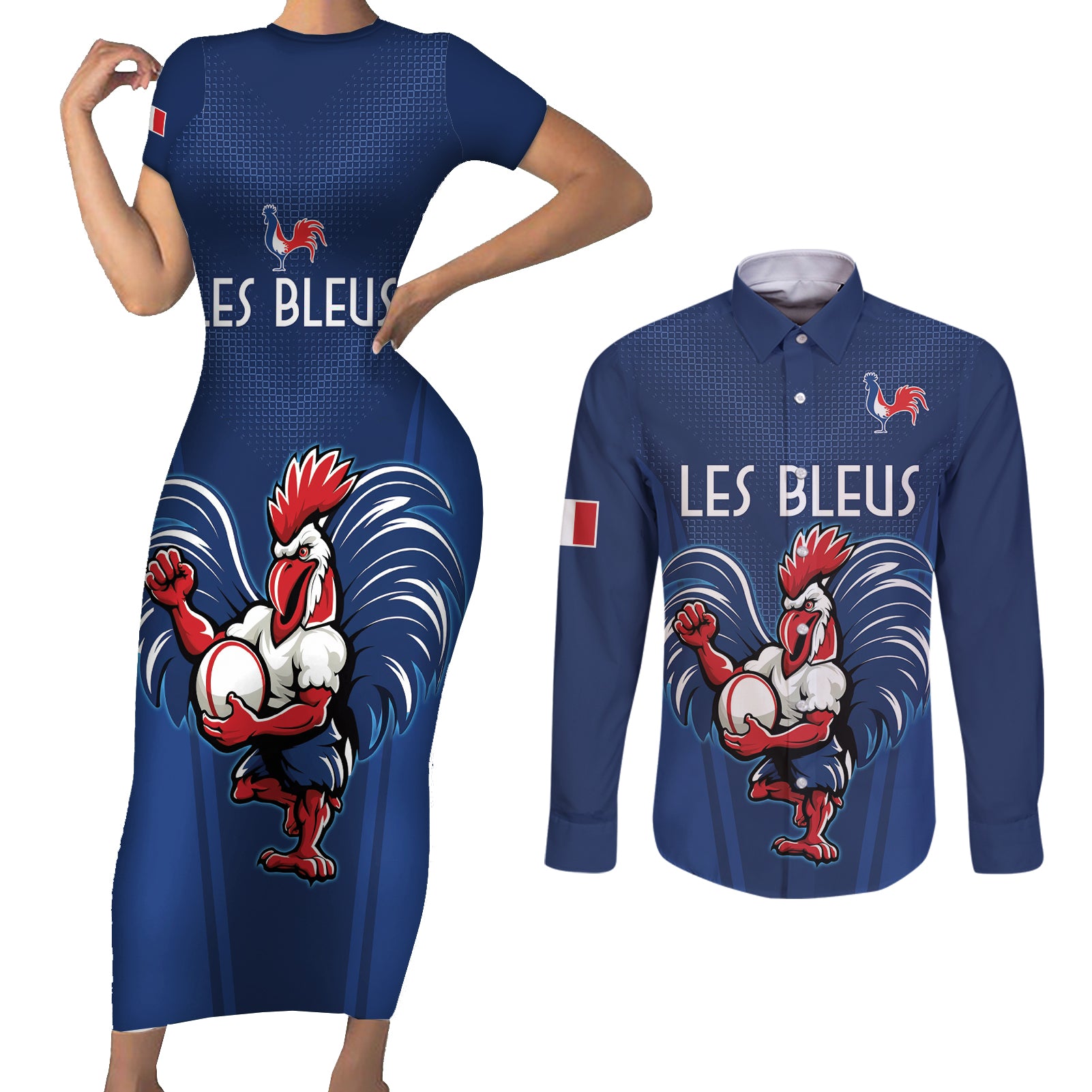 Custom France Rugby Couples Matching Short Sleeve Bodycon Dress and Long Sleeve Button Shirt Le XV de France Gallic Rooster LT9 - Wonder Print Shop