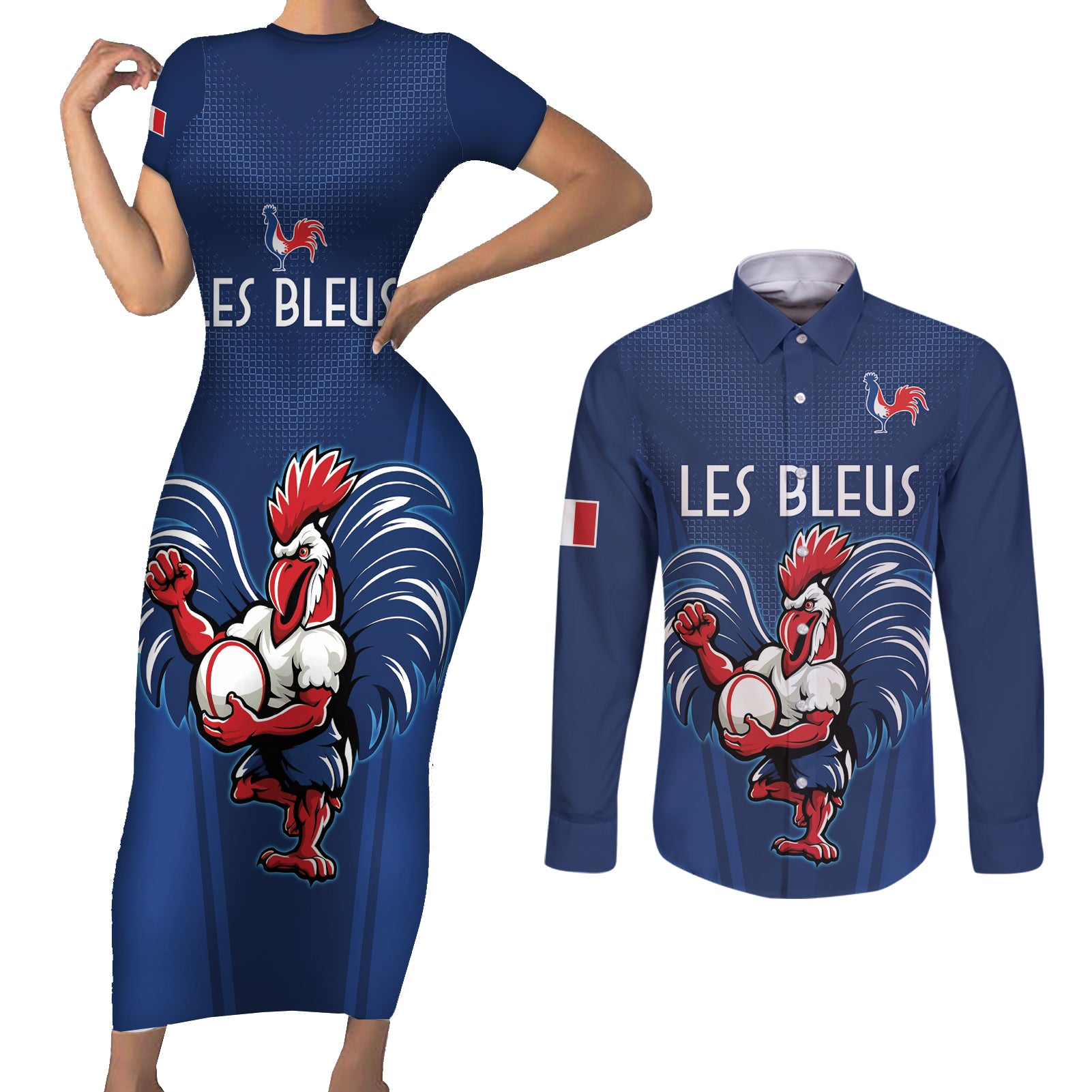 Custom France Rugby Couples Matching Short Sleeve Bodycon Dress and Long Sleeve Button Shirt Le XV de France Gallic Rooster