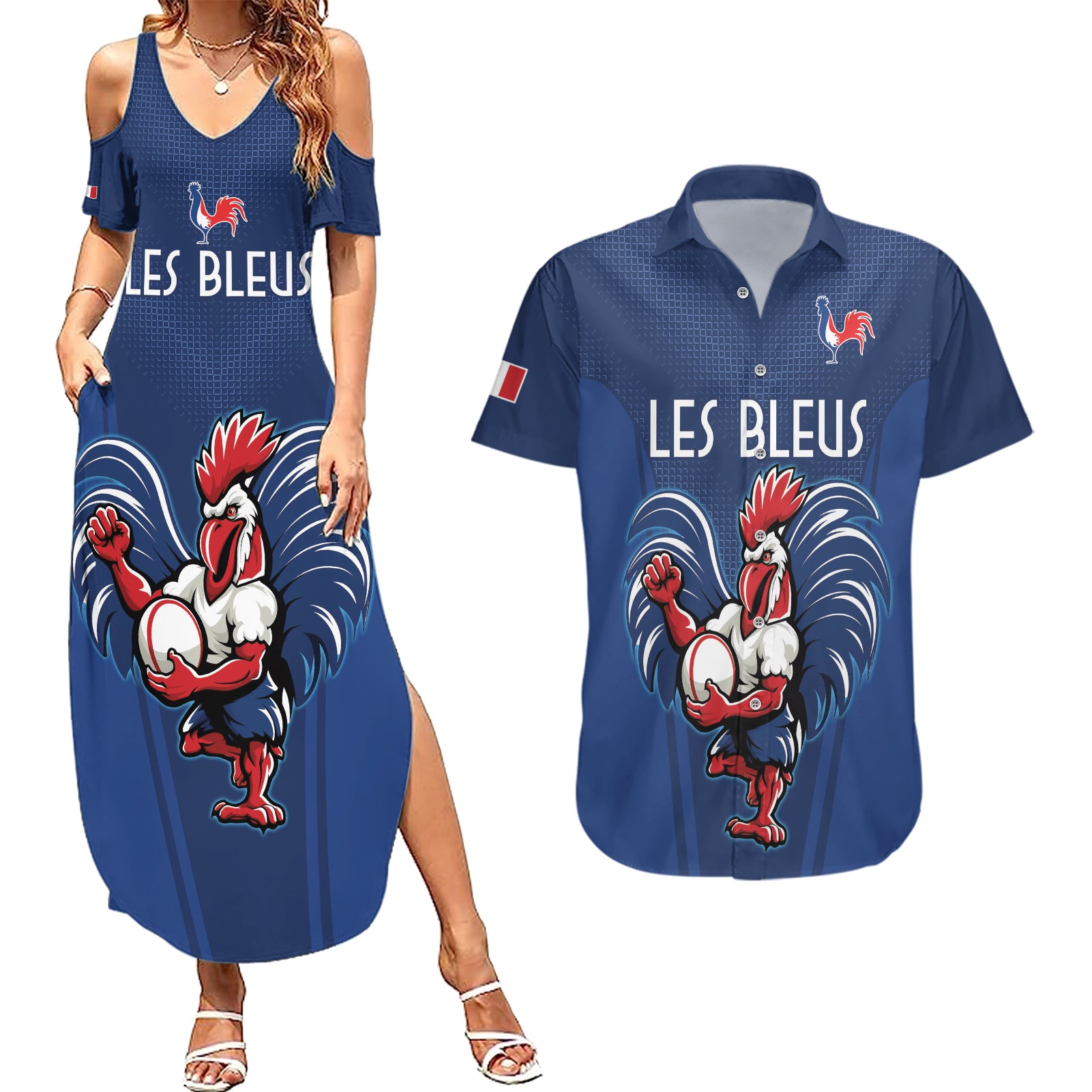Custom France Rugby Couples Matching Summer Maxi Dress and Hawaiian Shirt Le XV de France Gallic Rooster