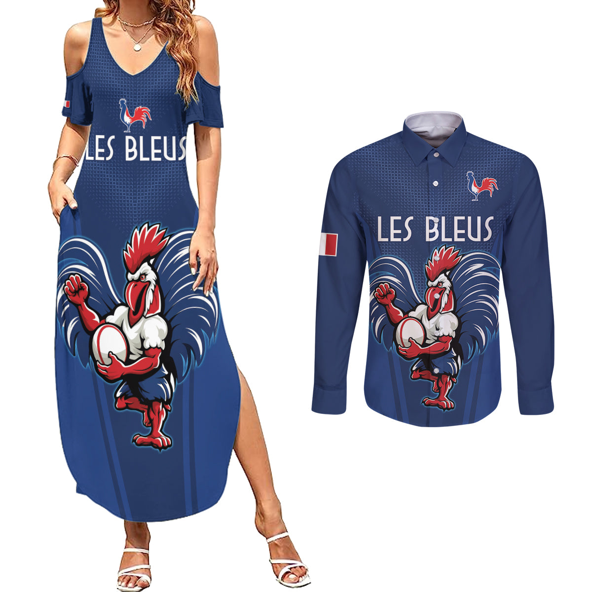 Custom France Rugby Couples Matching Summer Maxi Dress and Long Sleeve Button Shirt Le XV de France Gallic Rooster