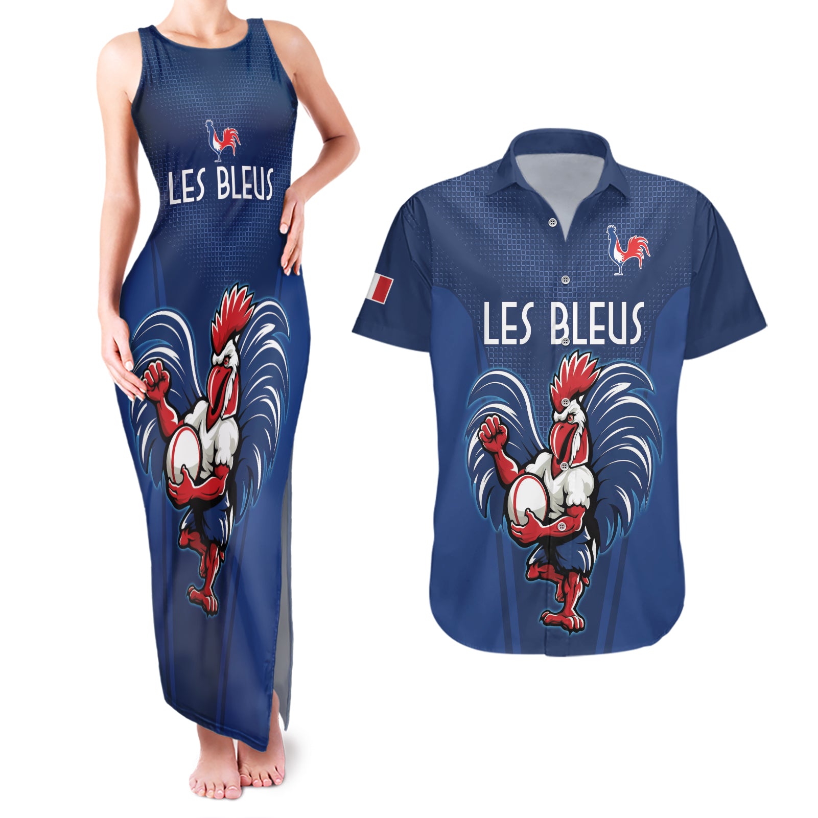 Custom France Rugby Couples Matching Tank Maxi Dress and Hawaiian Shirt Le XV de France Gallic Rooster