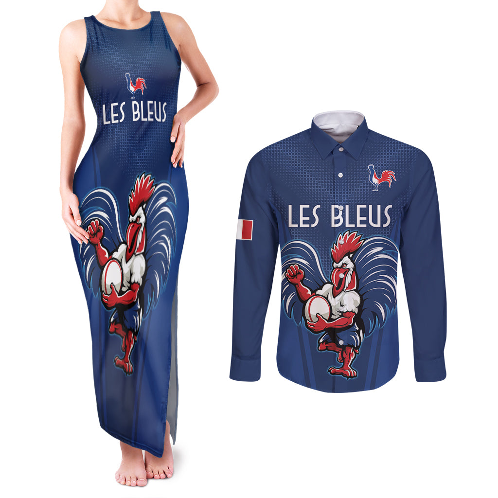 Custom France Rugby Couples Matching Tank Maxi Dress and Long Sleeve Button Shirt Le XV de France Gallic Rooster