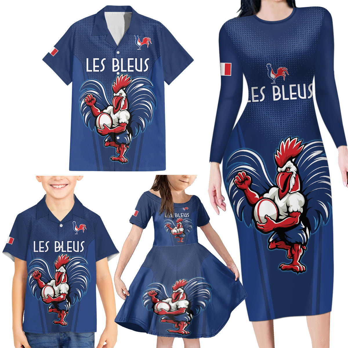 Custom France Rugby Family Matching Long Sleeve Bodycon Dress and Hawaiian Shirt Le XV de France Gallic Rooster